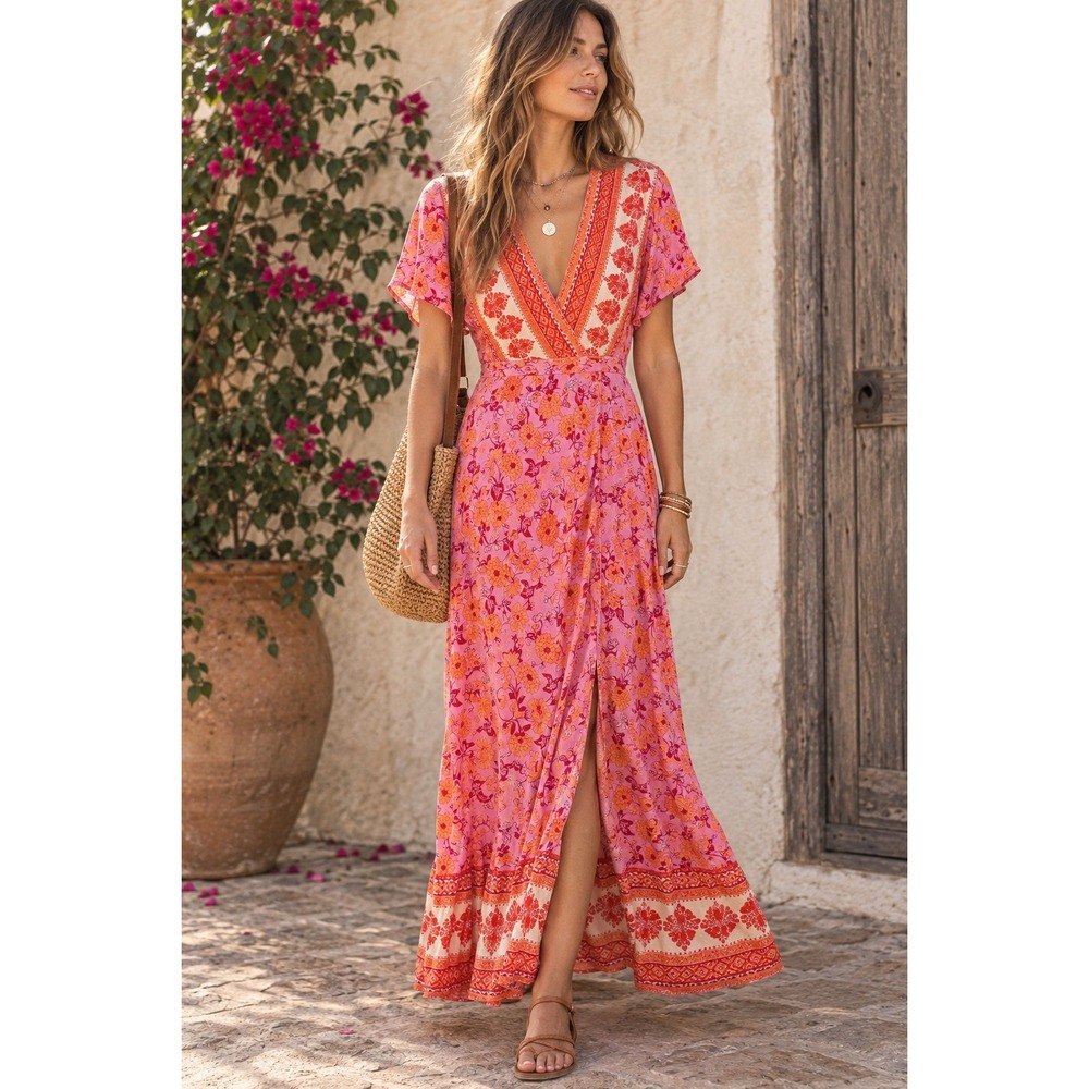 Zesica Pink Orange Floral Wrap Maxi Dress Short Sleeve Boho V-Neck Rayon